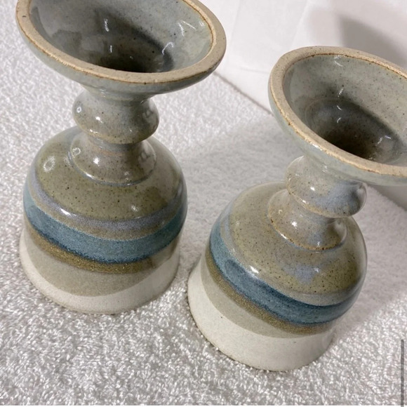 Vintage Stemmed  Goblet Handcrafted Stoneware Beige Blue Tan Band x2 - Picture 10 of 12